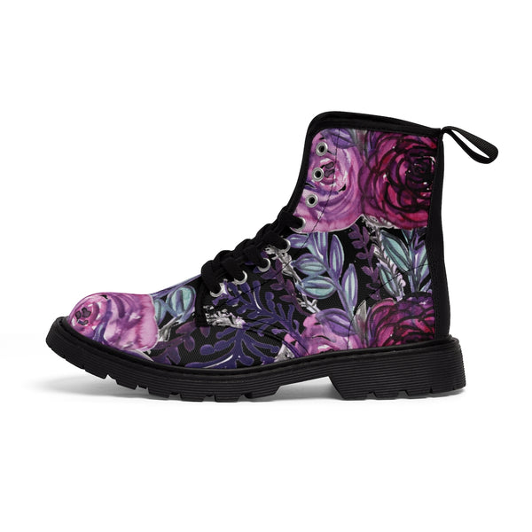 Black Purple Rose Women's Boots, Floral Print Spring Style Elegant Feminine Casual Fashion Gifts, Flower Rose Print Shoes For Rose Lovers, Combat Boots, Designer Women's Winter Lace-up Toe Cap Hiking Boots Shoes For Women (US Size 6.5-11)