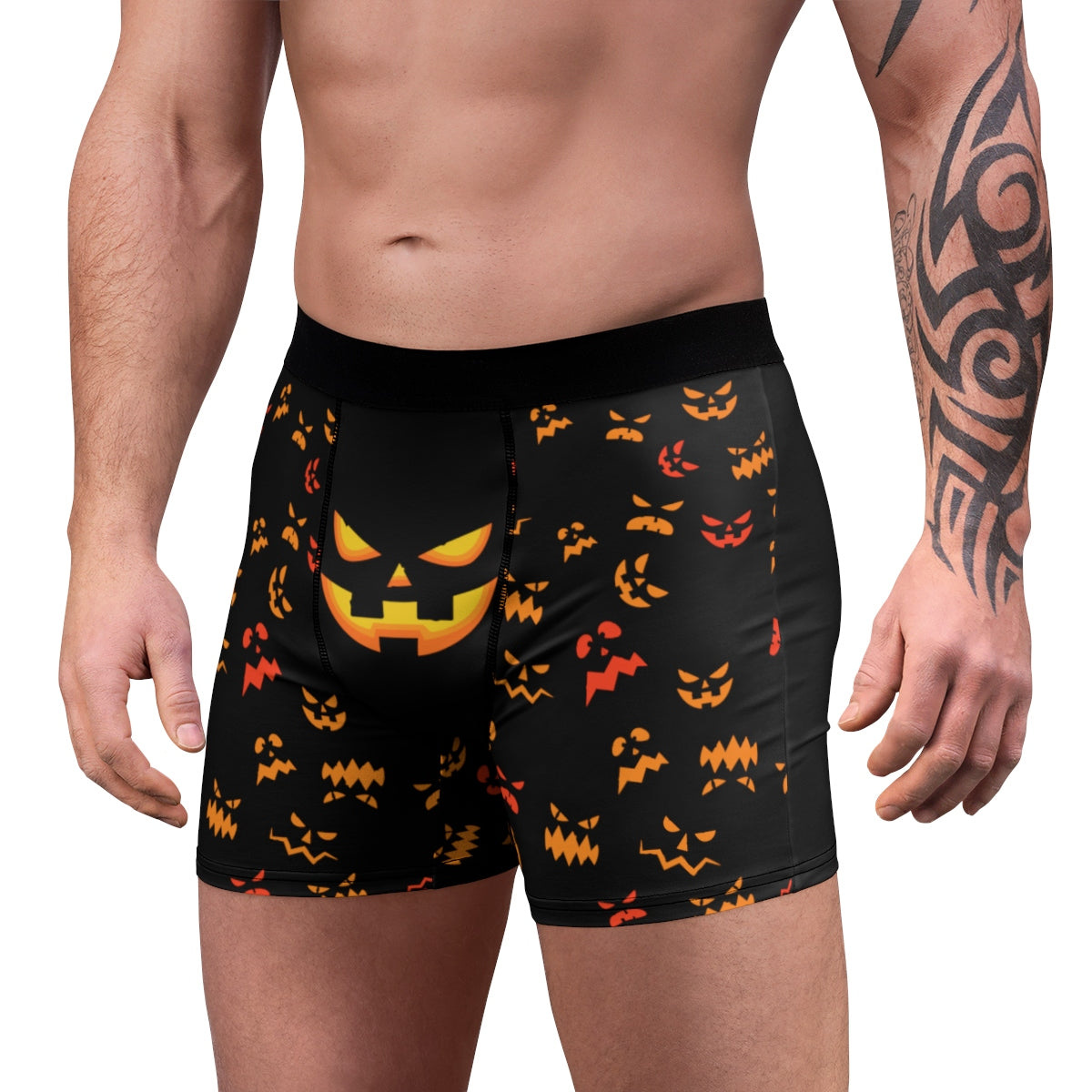 Black Orange Pumpkin Face Halloween Erotic Men's Boxer Briefs Undewear (US Size: XS-3XL)-Men's Underwear-L-Black Seams-Heidi Kimura Art LLC
