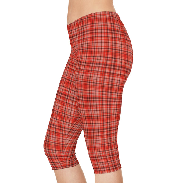 Red Plaid Women's Capri Leggings, Knee-Length Polyester Capris Tights-Made in USA (US Size: XS-2XL)