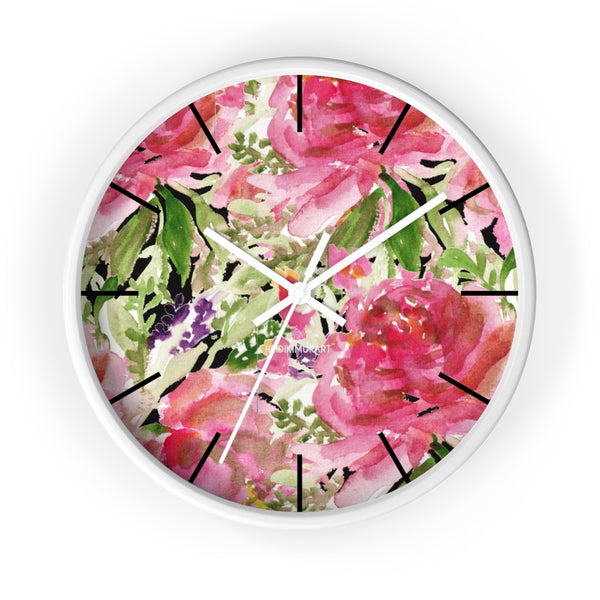 Pink Floral Rose Wall Clock,  Floral 10 inch Diameter Wall Clock, Large Round Wood Girl Children Bedroom Wall Clock