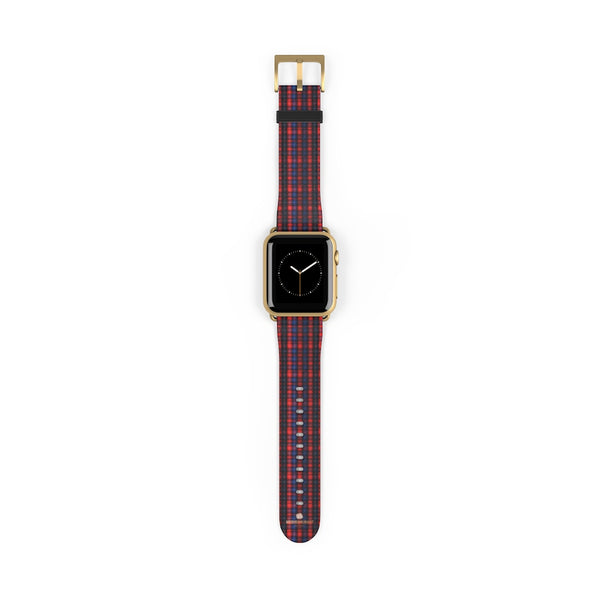 Red Blue Plaid Tartan Print 38mm/42mm Watch Band For Apple Watch- Made in USA-Watch Band-38 mm-Gold Matte-Heidi Kimura Art LLC