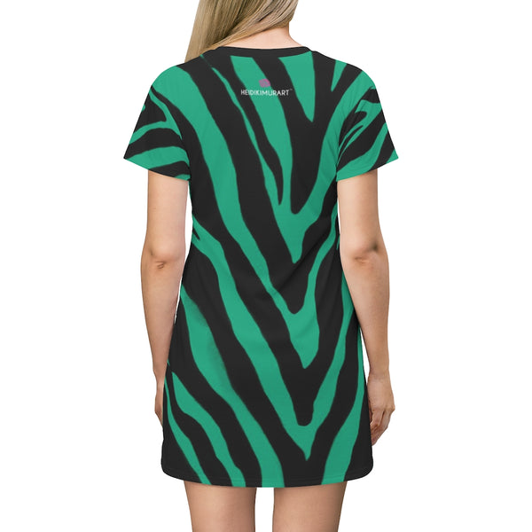 Green Blue Zebra T-Shirt Dress, Greenish Blue and Black Zebra Animal Print Designer Crew Neck Women's Long Tee T-shirt Fashion Dress-Made in USA (US Size: XS-2XL)