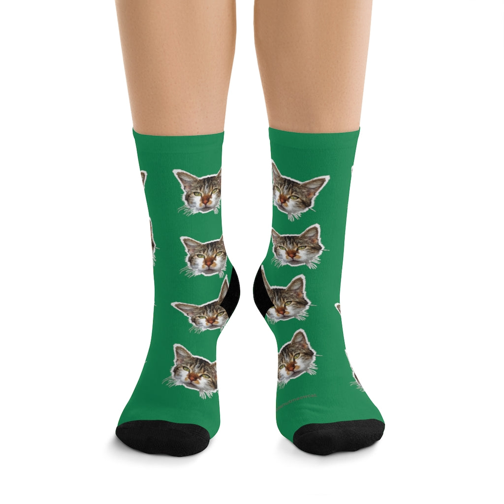 Dark Green Cat Print Socks, Designer Calico Cat 1-Size Knit Premium Socks- Made in USA-Socks-One size-Heidi Kimura Art LLC