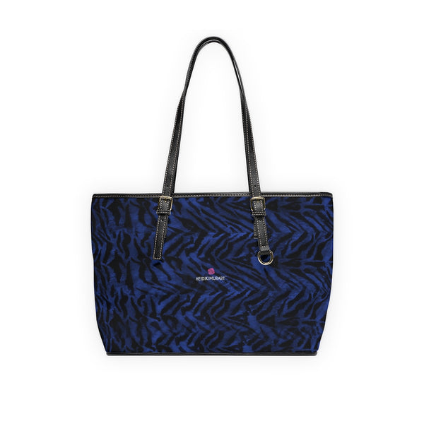 Best Tiger Striped Tote Bag, Best Stylish Dark Blue Tiger Striped Animal Print PU Leather Shoulder Large Spacious Durable Hand Work Bag 17"x11"/ 16"x10" With Gold-Color Zippers & Buckles & Mobile Phone Slots & Inner Pockets, All Day Large Tote Luxury Best Sleek and Sophisticated Cute Work Shoulder Bag For Women With Outside And Inner Zippers
