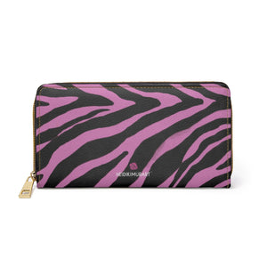 Pink Zebra Print Wallet, Best Zebra Striped Animal Print Best 7.87" x 4.33" Luxury Cruelty-Free Faux Leather Women's Wallet & Purses Compact High Quality Nylon Zip & Metal Hardware, Luxury Long Wallet Card Cases For Women