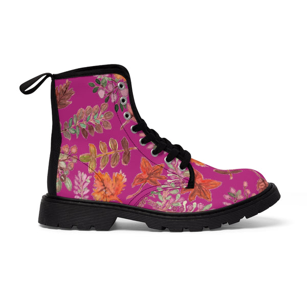 Pink Fall Leaves Women's Boots, Hot Pink Autumn Fall Leaves Print Women's Boots, Combat Boots, Designer Women's Winter Lace-up Toe Cap Hiking Boots Shoes For Women (US Size 6.5-11) Fall Leaves Fashion Canvas Shoes, Fall Leaves Print Winter Boots, Autumn Leaves Printed Boots For Ladies, Colorful Boots For Women