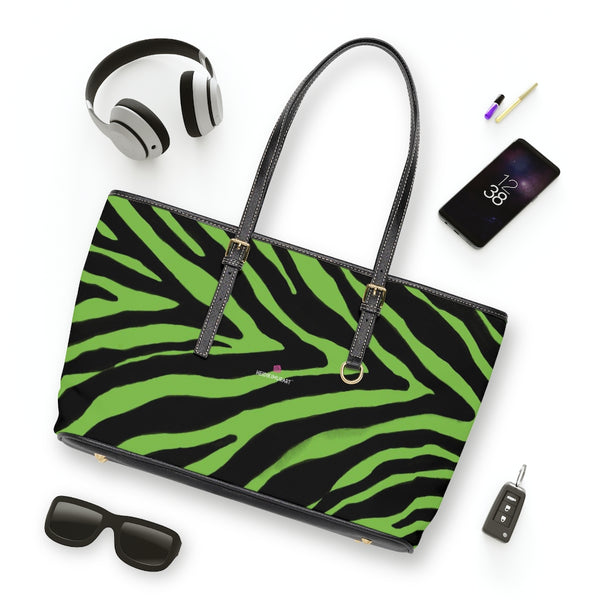 Lime Green Zebra Tote Bag, Zebra Striped Lime Green and Black Animal Print PU Leather Shoulder Large Spacious Durable Hand Work Bag 17"x11"/ 16"x10" With Gold-Color Zippers & Buckles & Mobile Phone Slots & Inner Pockets, All Day Large Tote Luxury Best Sleek and Sophisticated Cute Work Shoulder Bag For Women With Outside And Inner Zippers