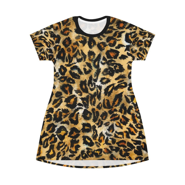 Leopard Print Women's T-Shirt Dress, Animal Print Designer Crew Neck Long Dress-Made in USA-T-Shirt Dress-Heidi Kimura Art LLC