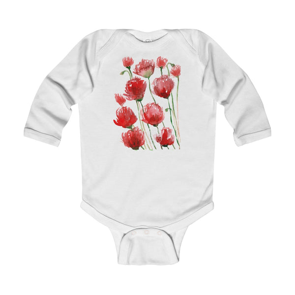 Floral Red Poppy Flower Print Infant Long Sleeve Bodysuit - Made in UK(UK Size: 6M-24M)-Kids clothes-White-12M-Heidi Kimura Art LLC