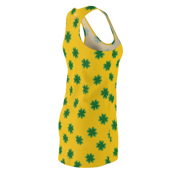 Yellow Green Clover Leaf Print St. Patty's Day Long Women's Racerback Dress-Made in USA-Women's Sleeveless Dress-Heidi Kimura Art LLC