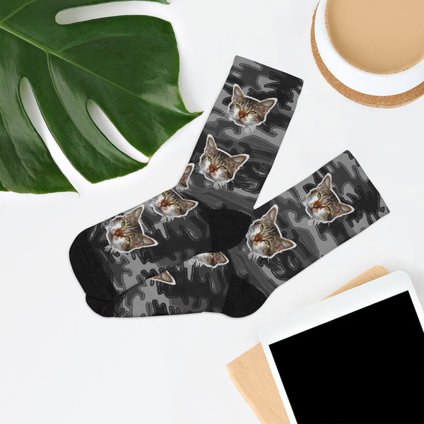 Gray Camo Cat Print Socks, Cute Luxury Calico Cat Print One-Size Knit Socks- Made in USA-Socks-One size-Heidi Kimura Art LLC