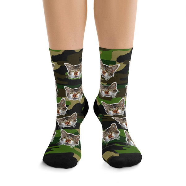 Green Camo Cat Print Socks, Calico Cat Print 1-Size Knit Unisex Luxury Socks- Made in USA-Socks-One size-Heidi Kimura Art LLC