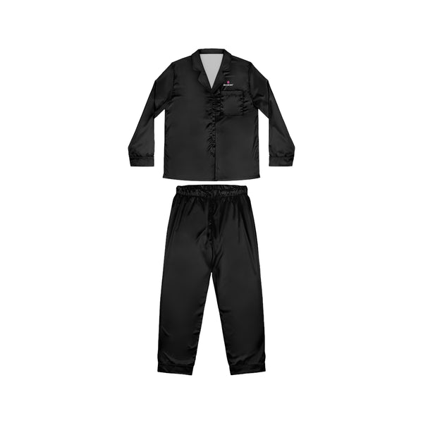 Black Color Women's Satin Pajamas, Luxury Premium Solid Color Lougewear For Women