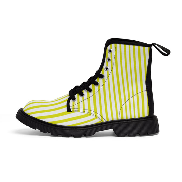 Yellow Striped Print Men's Boots, White Stripes Best Hiking Winter Boots Laced Up Shoes For Men-Shoes-Printify-Heidi Kimura Art LLC Yellow Striped Print Men's Boots, White Stripes Men's Canvas Hiking Winter Boots, Fashionable Modern Minimalist Best Anti Heat + Moisture Designer Comfortable Stylish Men's Winter Hiking Boots Shoes For Men (US Size: 7-10.5)