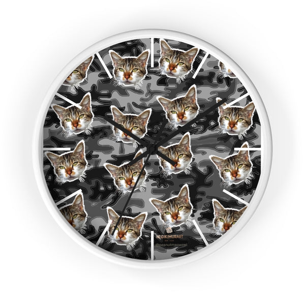 Gray Camo Cat Print Wall Clock, Calico Cat Large 10" dia. Unique Indoor Clocks- Made in USA-Wall Clock-10 in-White-Black-Heidi Kimura Art LLC