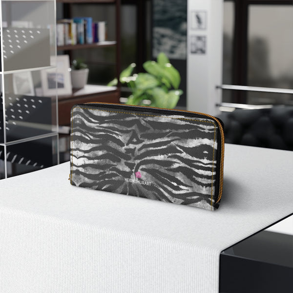 Gray Tiger Striped Zipper Wallet, Best Tiger Stripes Wild Animal Print Best 7.87" x 4.33" Luxury Cruelty-Free Faux Leather Women's Wallet & Purses Compact High Quality Nylon Zip & Metal Hardware, Luxury Long Wallet Card Cases For Women