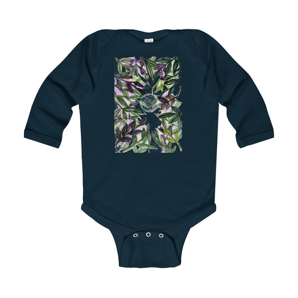 Green Tropical Leaves Baby Infant Long Sleeve Bodysuit - Made in UK (UK Size: 6M-24M)-Kids clothes-Navy-12M-Heidi Kimura Art LLC