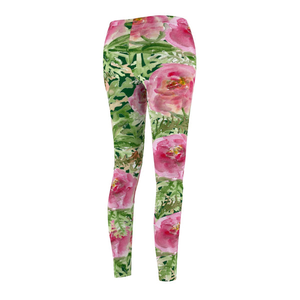 Dark Green Pink Rose Floral Print Women's Casual Leggings - Made in USA-Casual Leggings-Heidi Kimura Art LLC