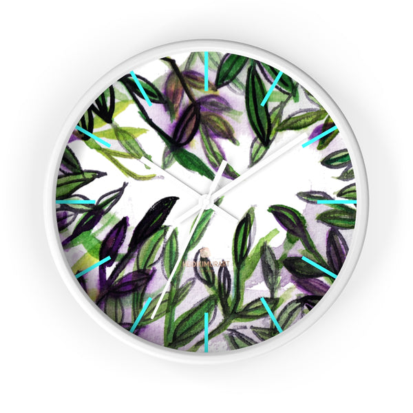 Green Purple Tropical Leaf Print Designer 10 in. Dia. Indoor Wall Clock- Made in USA-Wall Clock-10 in-White-White-Heidi Kimura Art LLC
