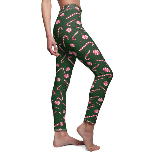 Green Red and White Candy Cane Women's Christmas Holiday Themed Casual Leggings-Casual Leggings-Heidi Kimura Art LLC