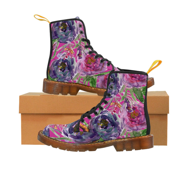 Pink Floral Rose Women's Boots, Flower Print Hiking Combat Laced-Up Winter Boots For Ladies