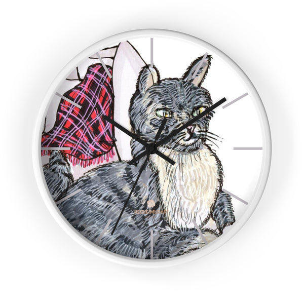 Gray Cat Print Wall Clock, Cute Animal Art Print 10 in. Dia. Indoor Wall Clock- Made in USA-Wall Clock-10 in-White-Black-Heidi Kimura Art LLC