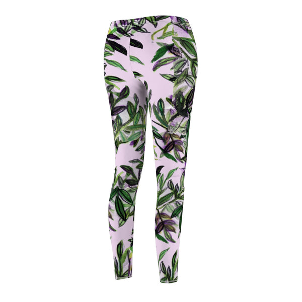 Green Tropical Leaves Print Women's Casual Leggings, Fancy Dressy Pants, Made in USA-Casual Leggings-Heidi Kimura Art LLC