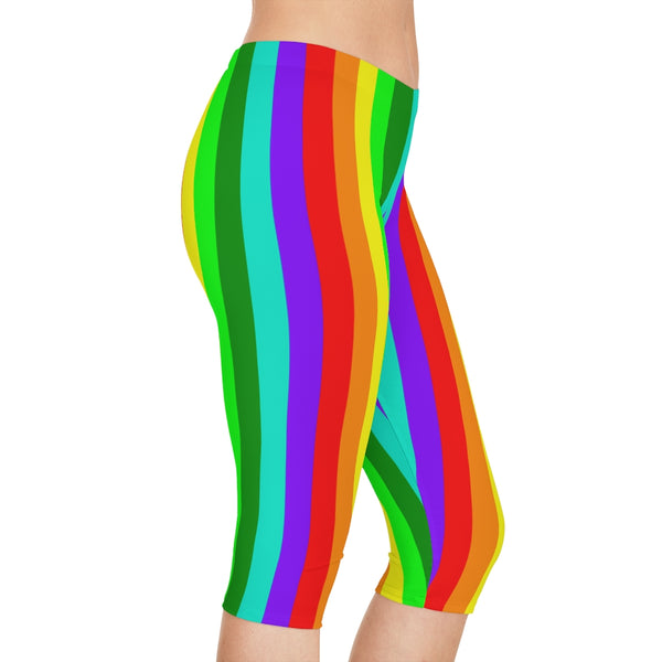 Rainbow Striped Women's Capri Leggings, Modern Gay Pride Rainbow Print American-Made Best Designer Premium Quality Knee-Length Mid-Waist Fit Knee-Length Polyester Capris Tights-Made in USA (US Size: XS-3XL) Plus Size Available