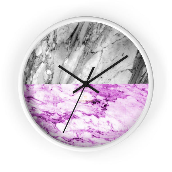 Pink Gray White Marble Print Art Large Indoor Designer 10" dia. Wall Clock-Made in USA-Wall Clock-10 in-White-Black-Heidi Kimura Art LLC