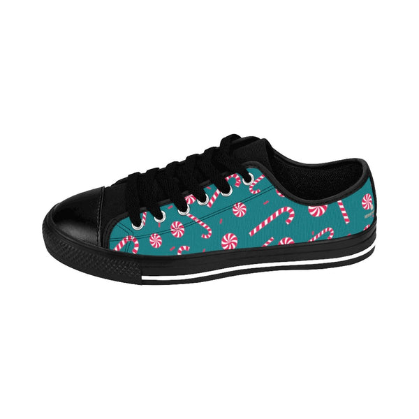 Teal Blue Red White Candy Cane Christmas Print Men's Low Top Sneakers (US Size: 6-14)-Men's Low Top Sneakers-Heidi Kimura Art LLC