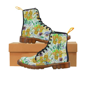 Yellow Floral Print Men's Boots, Best Hiking Winter Boots Laced Up Shoes For Men-Shoes-Printify-Brown-US 9-Heidi Kimura Art LLC Yellow Floral Men's Canvas Boots, Flower Print Luxury Men's Winter Hiking Canvas Boots, Fashionable Floral Print Anti Heat + Moisture Designer Comfortable Stylish Men's Winter Hiking Boots Shoes For Men (US Size: 7-10.5)