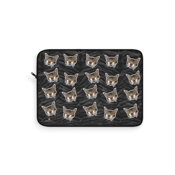 Gray Tiger Stripe Peanut Meow Cat Calico Print 12",13",15" Computer Bag Laptop Sleeve- Made in USA-Laptop Sleeve-15"-Heidi Kimura Art LLC