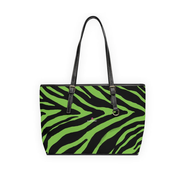 Lime Green Zebra Tote Bag, Zebra Striped Lime Green and Black Animal Print PU Leather Shoulder Large Spacious Durable Hand Work Bag 17"x11"/ 16"x10" With Gold-Color Zippers & Buckles & Mobile Phone Slots & Inner Pockets, All Day Large Tote Luxury Best Sleek and Sophisticated Cute Work Shoulder Bag For Women With Outside And Inner Zippers