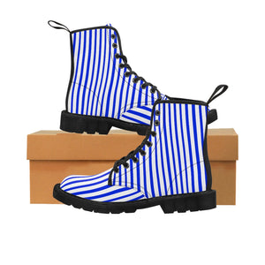 Blue Stripes Women's Canvas Boots, Best White Blue Striped Winter Boots Shoes For Ladies-Shoes-Printify-Black-US 9-Heidi Kimura Art LLC Blue Striped Women's Canvas Boots, Vertically White Striped Print Designer Women's Winter Lace-up Toe Cap Boots Shoes For Women (US Size 6.5-11)