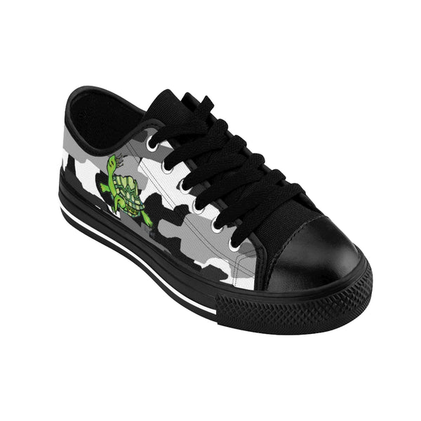 Turtle Black and Gray Camo Military Print Men's Low Top Nylon Canvas Running Sneakers-Men's Low Top Sneakers-Black-US 9-Heidi Kimura Art LLC