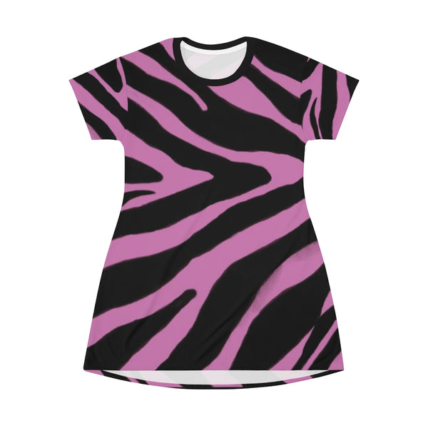 Pink Zebra T-Shirt Dress, Zebra Animal Print Crew Neck Long Tee Shirt Dress - Made in USA