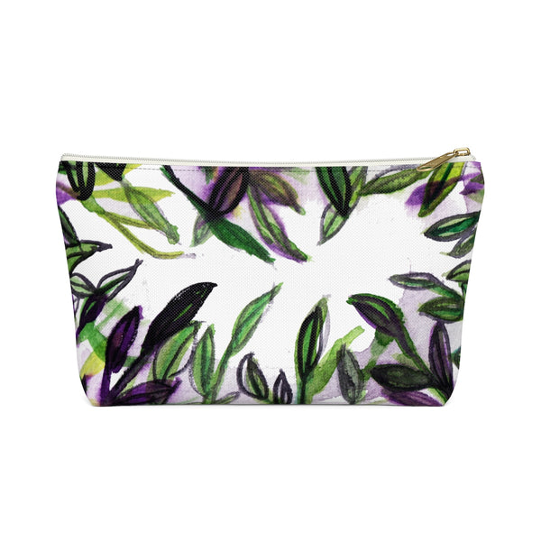 Green Foliage Print Accessory Pouch with T-bottom Makeup Bag - Made in USA-Accessory Pouch-White-Large-Heidi Kimura Art LLC