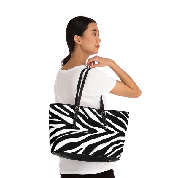 White Black Zebra Tote Bag, Zebra Striped White and Black Animal Print PU Leather Shoulder Large Spacious Durable Hand Work Bag 17"x11"/ 16"x10" With Gold-Color Zippers & Buckles & Mobile Phone Slots & Inner Pockets, All Day Large Tote Luxury Best Sleek and Sophisticated Cute Work Shoulder Bag For Women With Outside And Inner Zippers