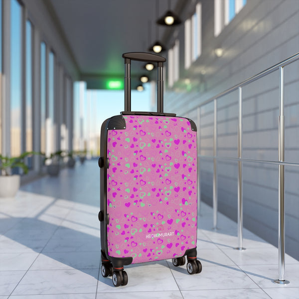 Cute Pink Hearts Cabin Suitcase, Valentine's Day Designer Carry On Polycarbonate Front and Hard-Shell Durable Small 1-Size Carry-on Luggage With 2 Inner Pockets & Built in Lock With 4 Wheel 360° Swivel and Adjustable Telescopic Handle - Made in USA/UK (Size: 13.3" x 22.4" x 9.05", Weight: 7.5 lb) Unique Cute Carry-On Best Personal Travel Bag Custom Luggage - Gift For Him or Her 