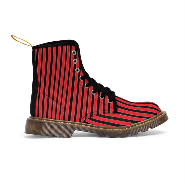 Red Striped Print Men's Boots, Black Stripes Best Hiking Winter Boots Laced Up Shoes For Men-Shoes-Printify-Heidi Kimura Art LLC
