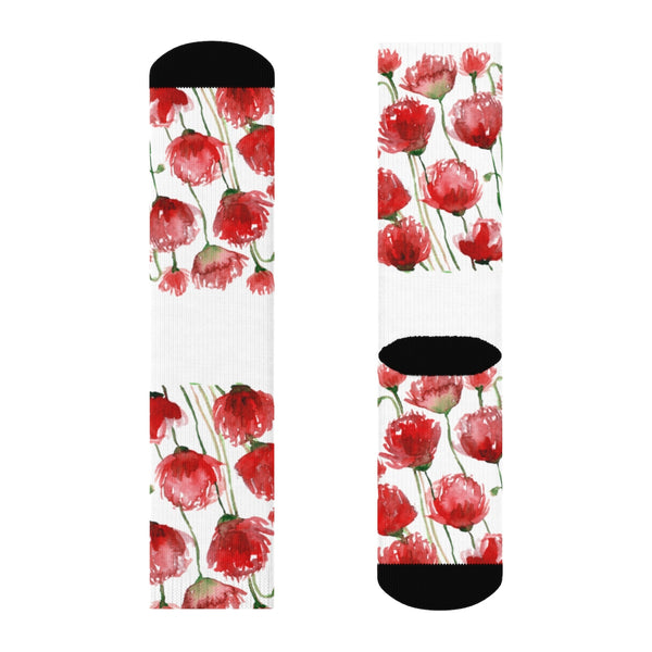 Red Poppy Floral Print Socks, Unisex Designer Premium Quality Crew Socks - Designed in USA-Socks-Crew-Heidi Kimura Art LLC