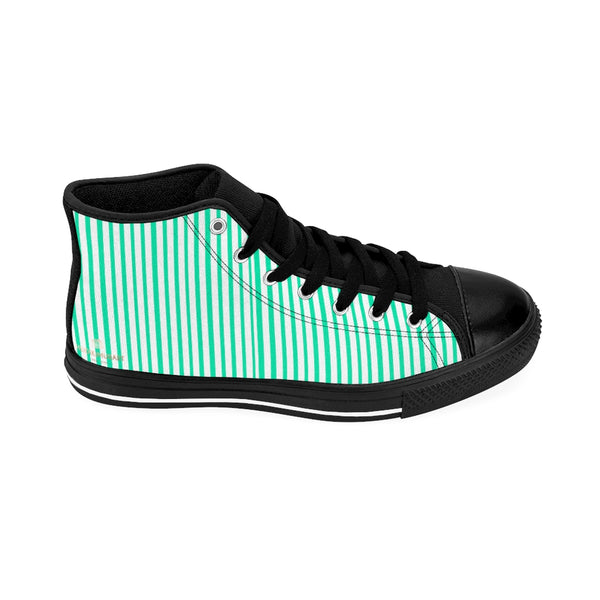 Turquoise Striped Men's Tennis Shoes,High-top Sneakers, Blue Stripes Running Shoes-Shoes-Printify-Heidi Kimura Art LLC  Blue Striped Men's High-top Sneakers, Turquoise Blue White Modern Stripes Men's High Tops, High Top Striped Sneakers, Striped Casual Men's High Top For Sale, Fashionable Designer Men's Fashion High Top Sneakers, Tennis Running Shoes (US Size: 6-14)