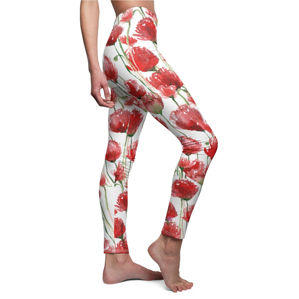 Red Poppy Floral Casual Tights, Women's Floral Casual Leggings