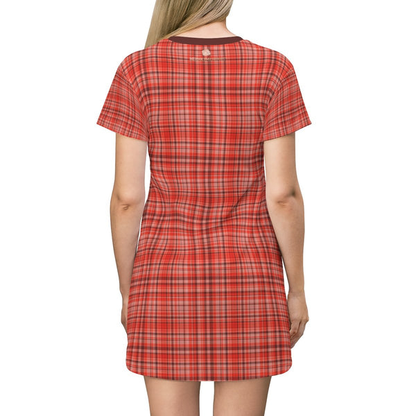 Orange Red Plaid Tartan Print Designer Crew Neck T-shirt Dress-Made in USA-T-Shirt Dress-Heidi Kimura Art LLC
