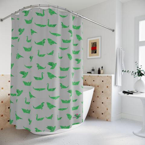 Gray Crane Polyester Shower Curtain, Japanese Origami Style Crane Birds Print 71" × 74" Modern Kids or Adults Colorful Best Premium Quality American Style One-Sided Luxury Durable Stylish Unique Interior Bathroom Shower Curtains - Printed in USA