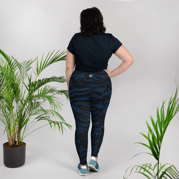 Royal Blue Tiger Stripe Animal Print Women's Long Yoga Pants Plus Size Leggings-Women's Plus Size Leggings-Heidi Kimura Art LLC