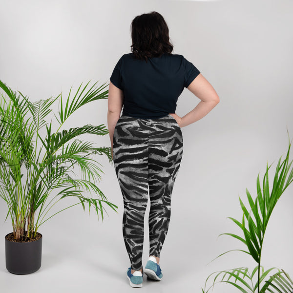 White Gray Tiger Stripe Animal Print Women's Yoga Pants Plus Size Leggings-Made in USA/EU-Women's Plus Size Leggings-Heidi Kimura Art LLC
