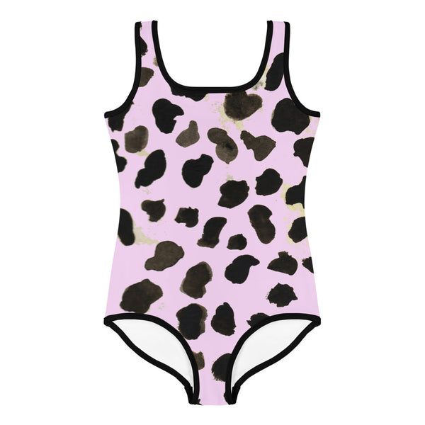 Light Pink Cow Farm Animal Print Girl's Premium Kids Swimsuit Swimwear- Made in USA/ EU-Kid's Swimsuit (Girls)-Heidi Kimura Art LLC