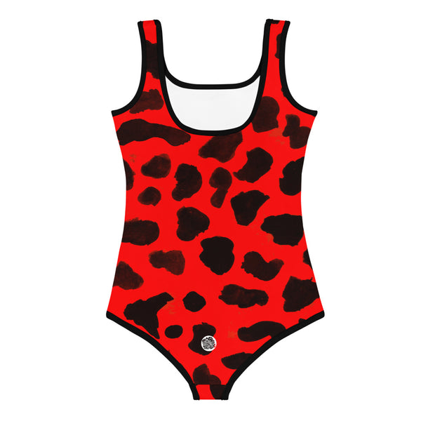 Cute Bright Red Cow Farm Animal Print Girl's Kids Premium Swimsuit Bathing Suit-Kid's Swimsuit (Girls)-Heidi Kimura Art LLC