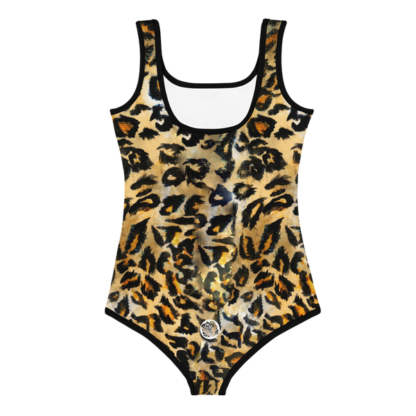 Brown Leopard Print Girl's Swimsuit, Animal Print Kids Designer Bathing Suit-Made in USA-Kid's Swimsuit (Girls)-Heidi Kimura Art LLC